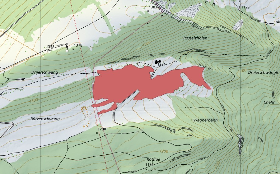 Carte nationale swisstopo avec le périmètre protégé de Bützen (Prairie sèche)