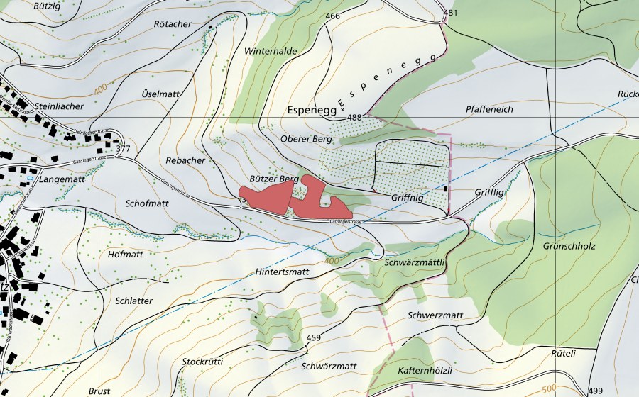 Carte nationale swisstopo avec le périmètre protégé de Bützerberg (Prairie sèche)