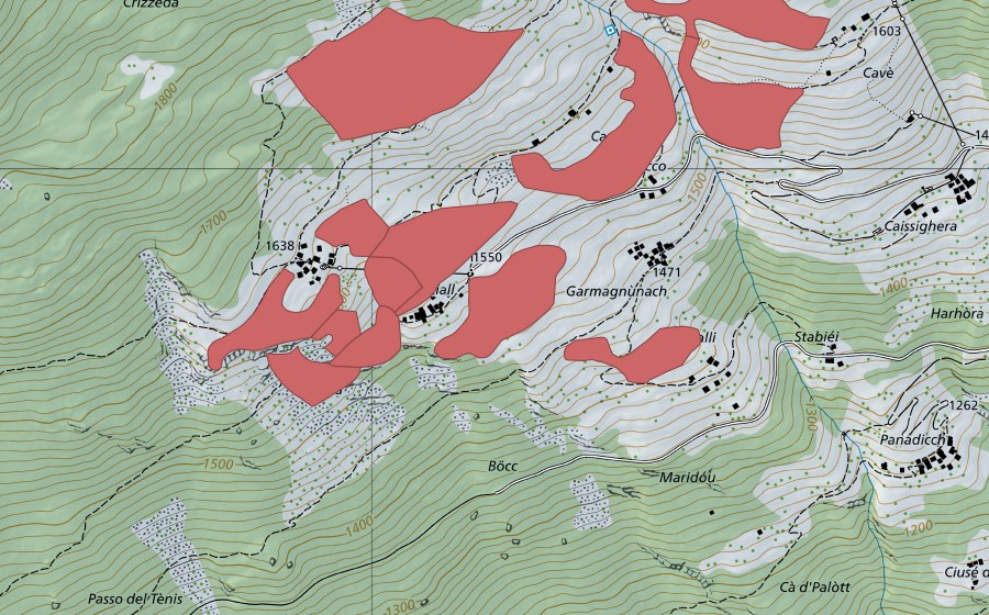 Carte nationale swisstopo avec le périmètre protégé de Ca del Cucco (Prairie sèche)