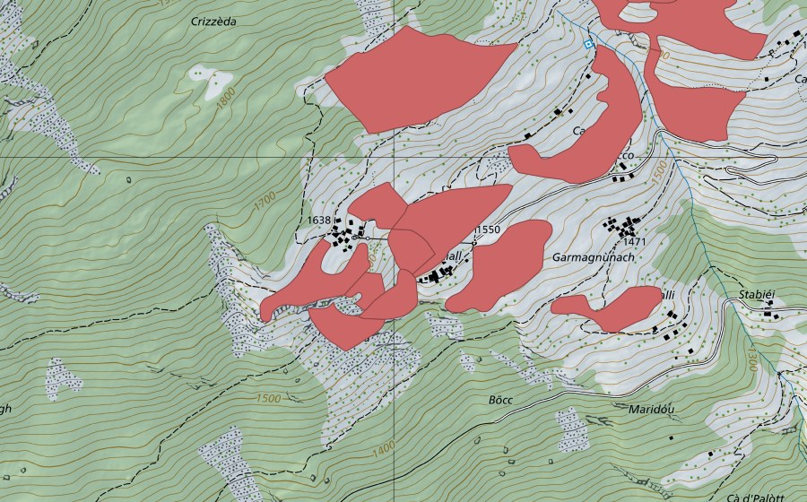 swisstopo national map showing the protected perimeter of Ca del Cucco (Dry meadow)