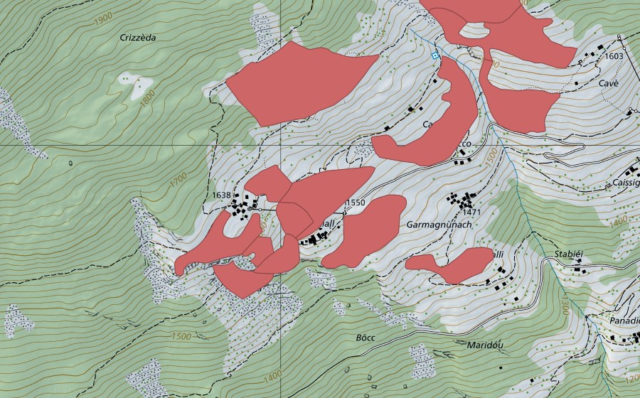 swisstopo national map showing the protected perimeter of Ca del Cucco (Dry meadow)