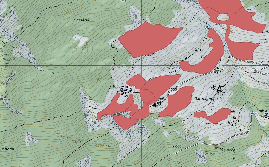 swisstopo national map showing the protected perimeter of Ca del Cucco (Dry meadow)
