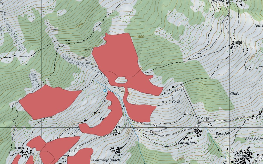 swisstopo national map showing the protected perimeter of Ca del Cucco (Dry meadow)