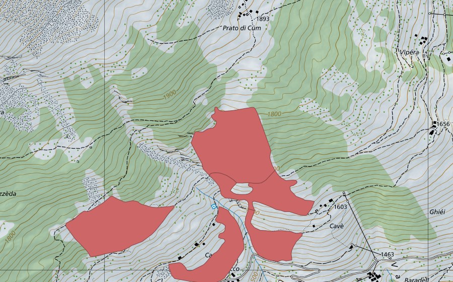 Carte nationale swisstopo avec le périmètre protégé de Ca del Cucco (Prairie sèche)