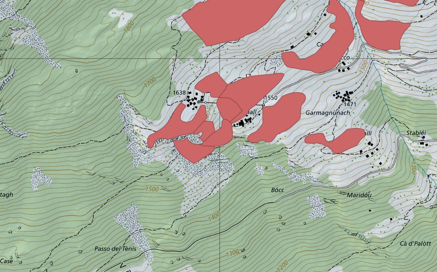 Landeskarte swisstopo mit dem Schutzperimeter von Ca del Cucco (Trockenwiese)
