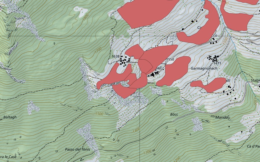 Carte nationale swisstopo avec le périmètre protégé de Ca del Cucco (Prairie sèche)