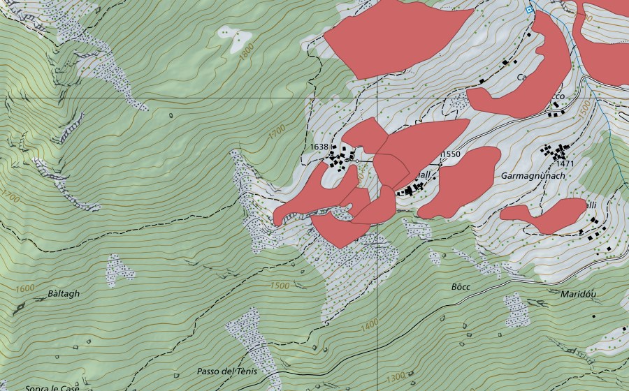 Carte nationale swisstopo avec le périmètre protégé de Ca del Cucco (Prairie sèche)