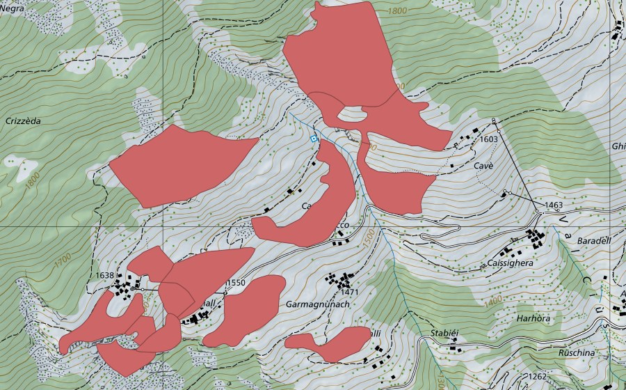 Carte nationale swisstopo avec le périmètre protégé de Ca del Cucco (Prairie sèche)