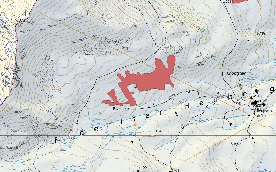 Carte nationale swisstopo avec le périmètre protégé de Cadieris (Prairie sèche)
