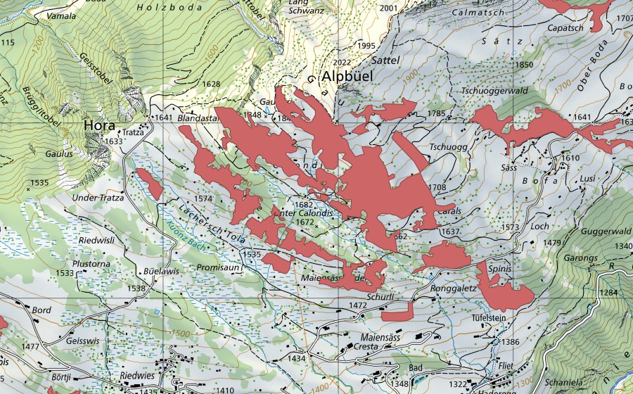 Carte nationale swisstopo avec le périmètre protégé de Calondis (Prairie sèche)