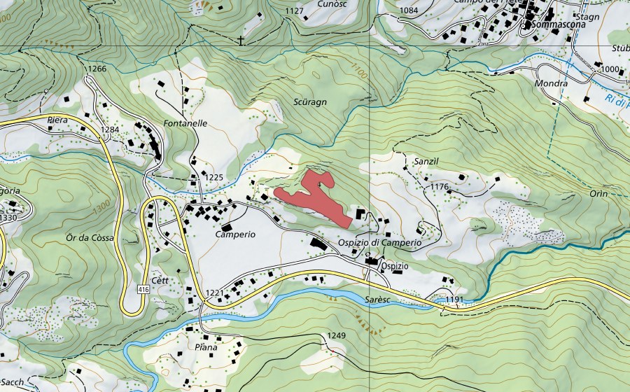 Carte nationale swisstopo avec le périmètre protégé de Camperio (Prairie sèche)