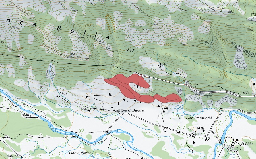 swisstopo national map showing the protected perimeter of Campra di Qua (Dry meadow)