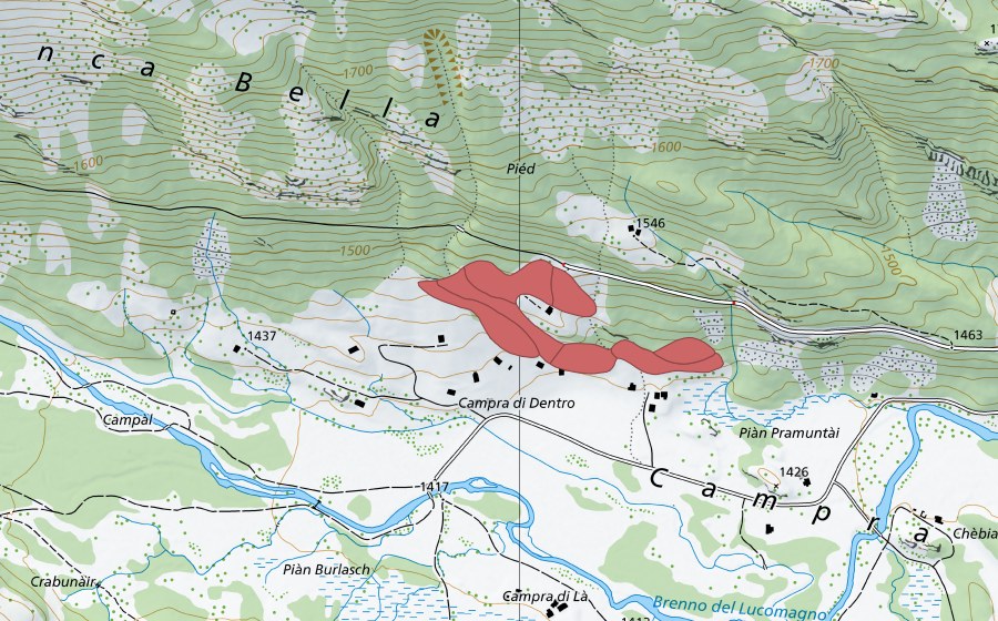 swisstopo national map showing the protected perimeter of Campra di Qua (Dry meadow)