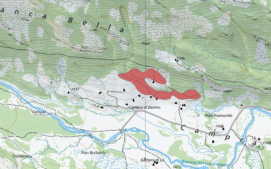 Landeskarte swisstopo mit dem Schutzperimeter von Campra di Qua (Trockenwiese)
