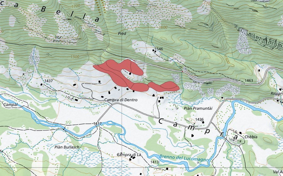 Carte nationale swisstopo avec le périmètre protégé de Campra di Qua (Prairie sèche)