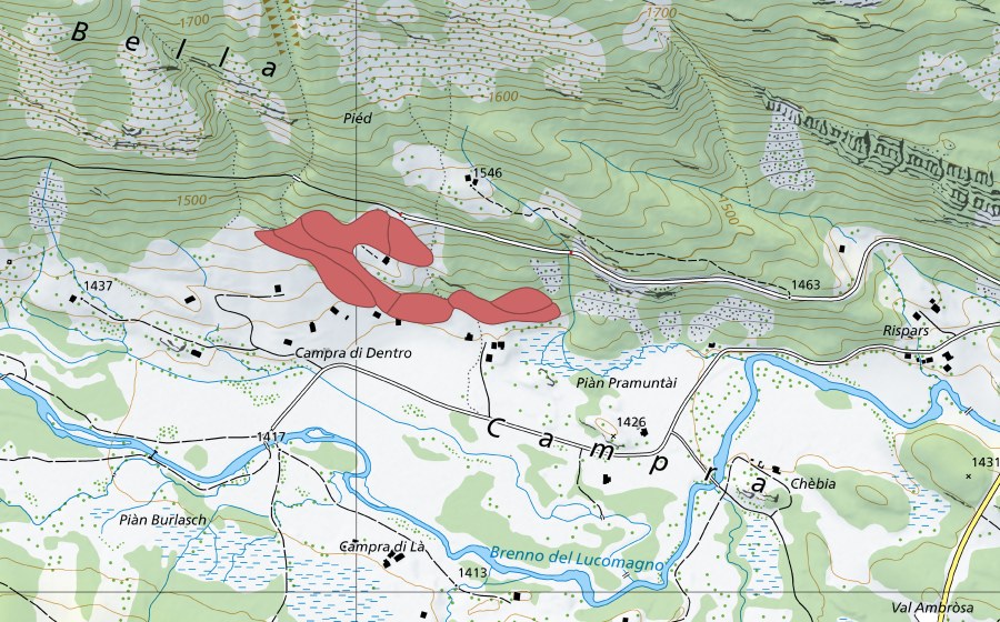 swisstopo national map showing the protected perimeter of Campra di Qua (Dry meadow)
