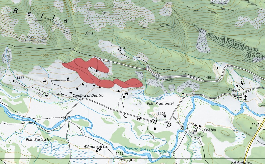 swisstopo national map showing the protected perimeter of Campra di Qua (Dry meadow)