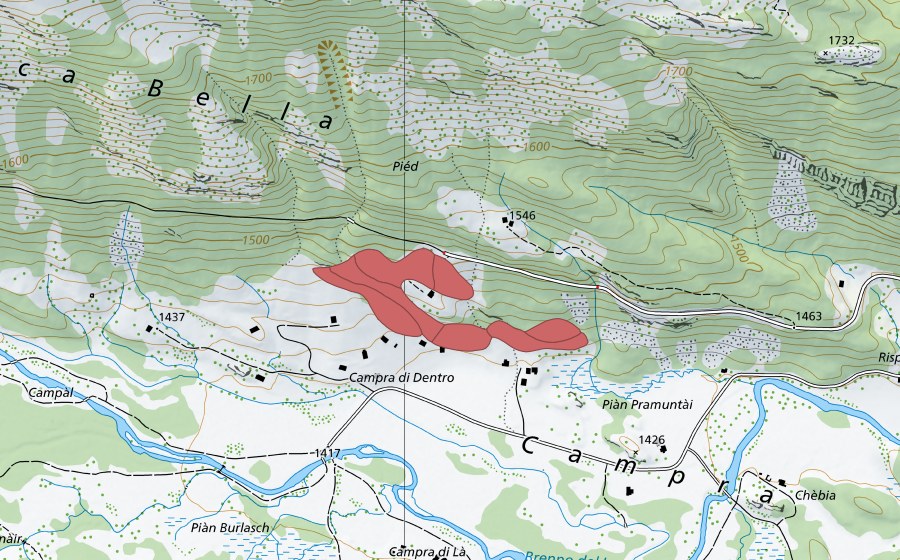 swisstopo national map showing the protected perimeter of Campra di Qua (Dry meadow)