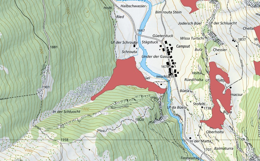 Carte nationale swisstopo avec le périmètre protégé de Campsut (Prairie sèche)