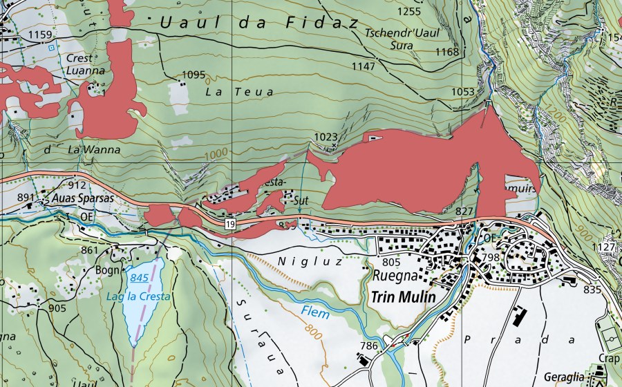 swisstopo national map showing the protected perimeter of Canals (Dry meadow)