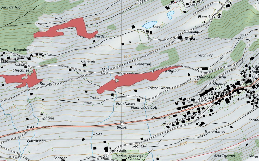 Landeskarte swisstopo mit dem Schutzperimeter von Canariel (Trockenwiese)