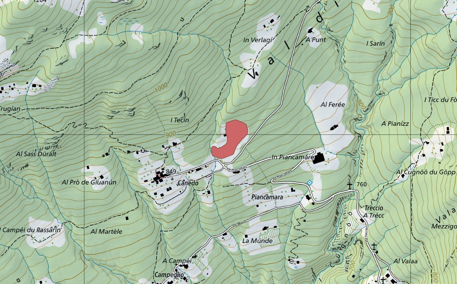 Carte nationale swisstopo avec le périmètre protégé de Canedo (Prairie sèche)