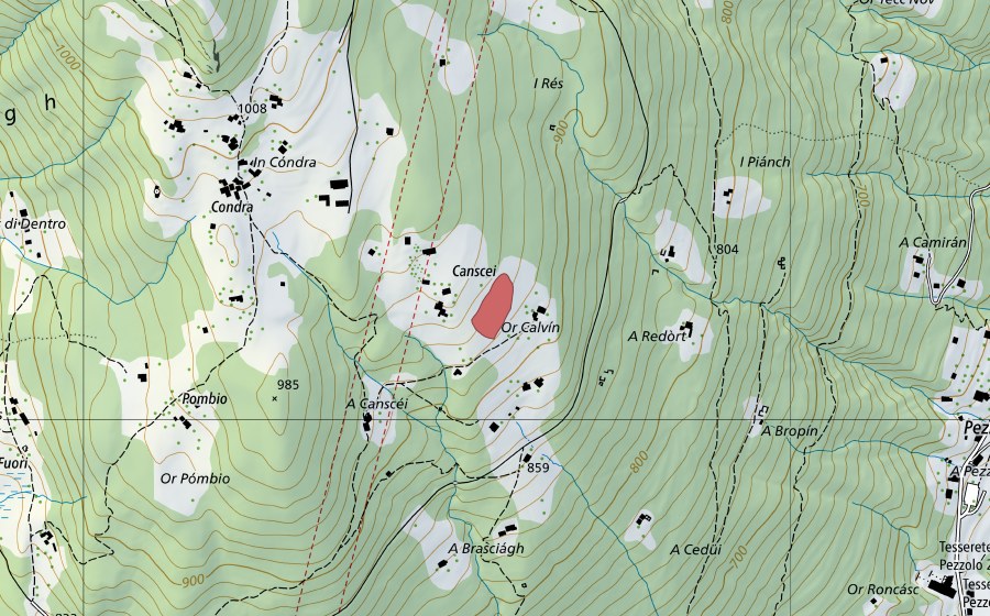 Carte nationale swisstopo avec le périmètre protégé de Canscei (Prairie sèche)