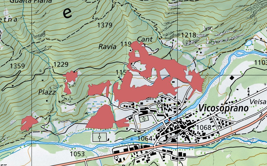 Carte nationale swisstopo avec le périmètre protégé de Cant (Prairie sèche)