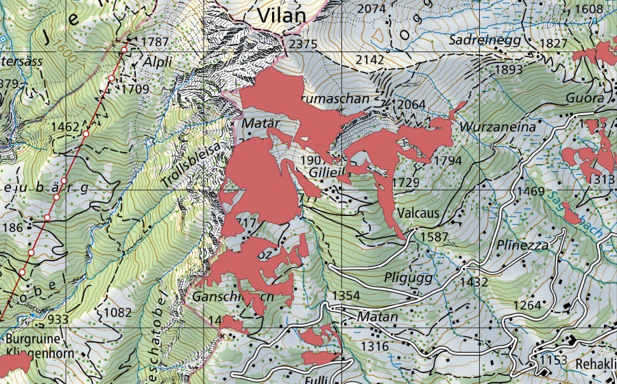 Carte nationale swisstopo avec le périmètre protégé de Caral (Prairie sèche)