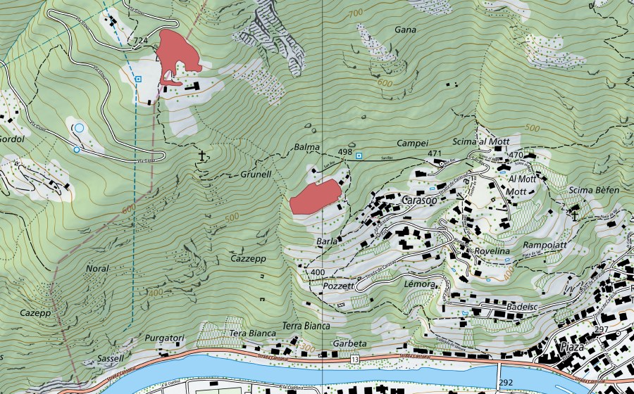 Carte nationale swisstopo avec le périmètre protégé de Carasole (Prairie sèche)