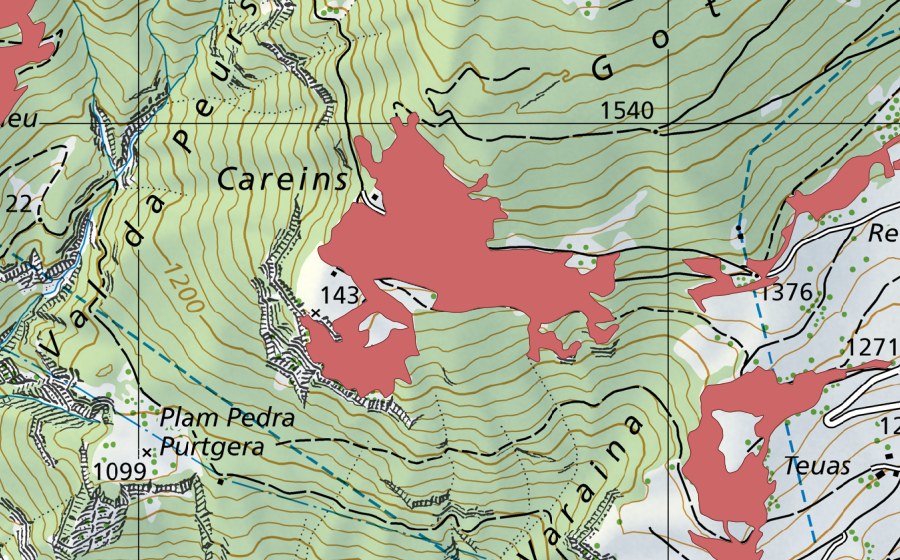 Carte nationale swisstopo avec le périmètre protégé de Careins (Prairie sèche)