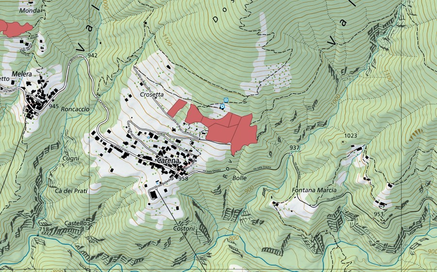 Landeskarte swisstopo mit dem Schutzperimeter von Carena (Trockenwiese)