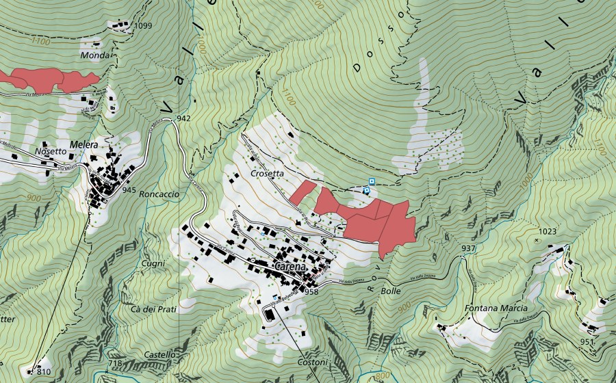 Landeskarte swisstopo mit dem Schutzperimeter von Carena (Trockenwiese)