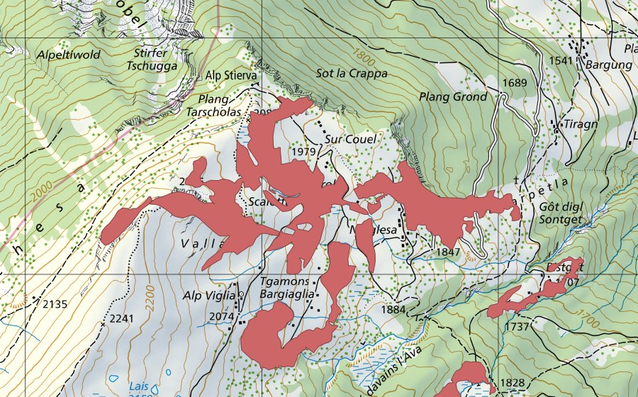 Landeskarte swisstopo mit dem Schutzperimeter von Carols (Trockenwiese)
