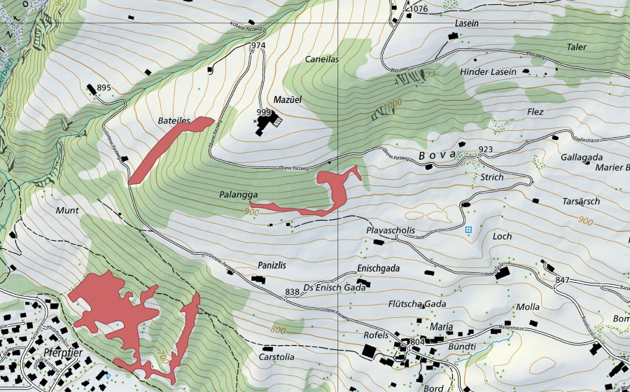 Carte nationale swisstopo avec le périmètre protégé de Carstolia (Prairie sèche)