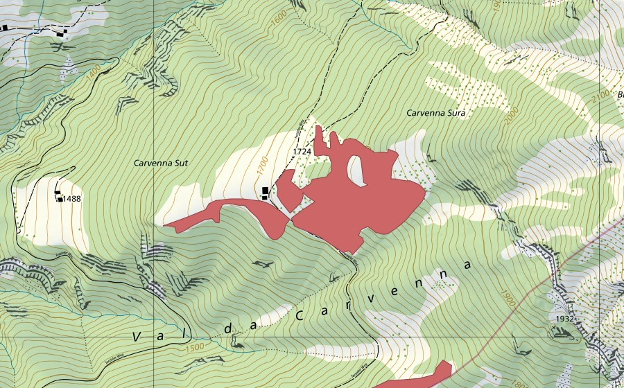 Landeskarte swisstopo mit dem Schutzperimeter von Carvenna (Trockenwiese)