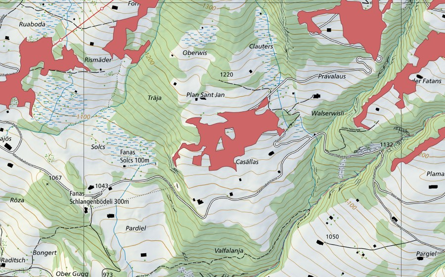 Carte nationale swisstopo avec le périmètre protégé de Casällas (Prairie sèche)