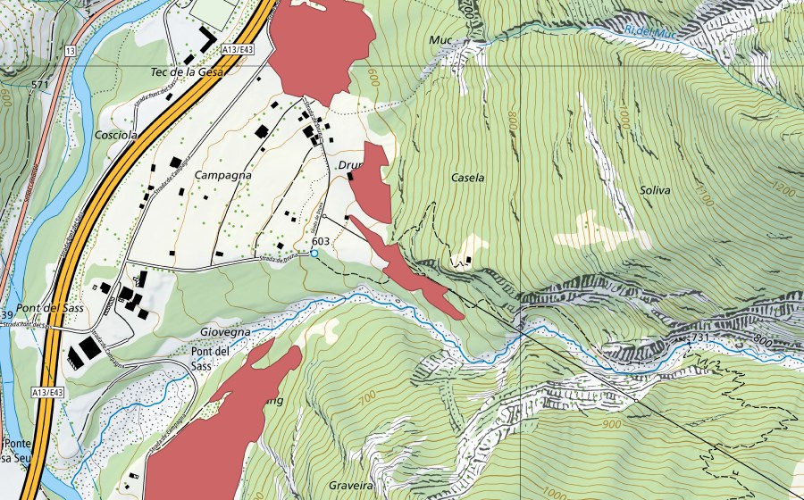 Carte nationale swisstopo avec le périmètre protégé de Casella (Prairie sèche)