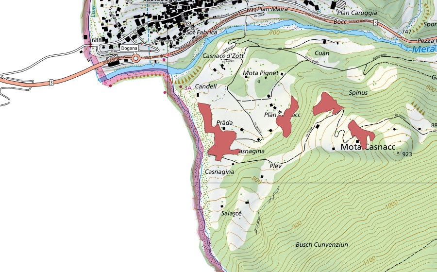swisstopo national map showing the protected perimeter of Casnac (Dry meadow)