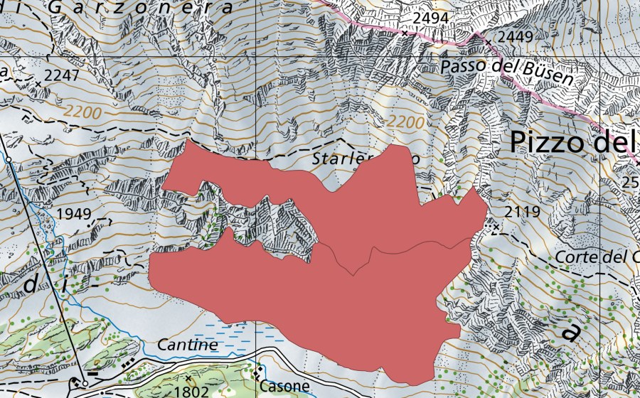 swisstopo national map showing the protected perimeter of Casone (Dry meadow)