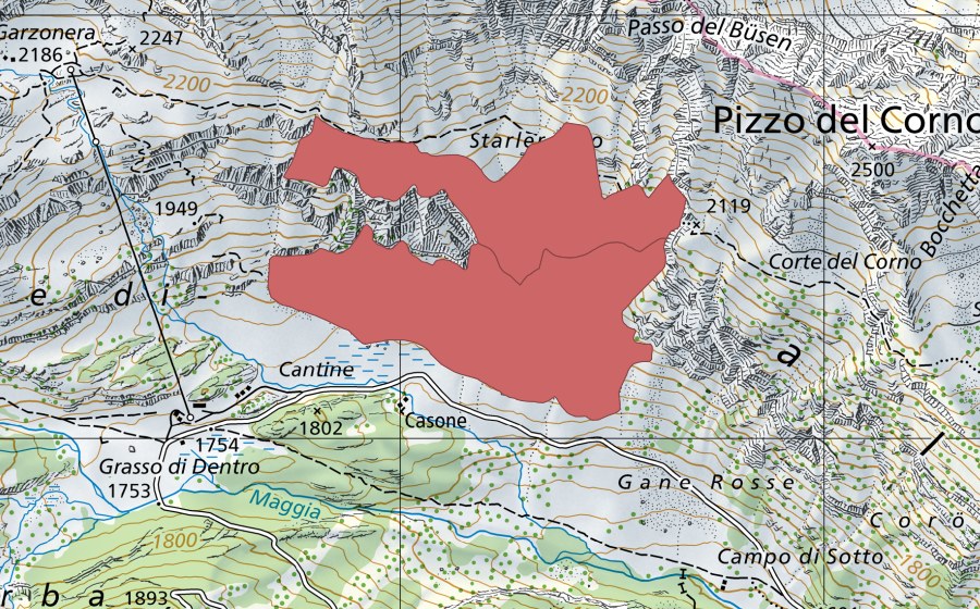 Landeskarte swisstopo mit dem Schutzperimeter von Casone (Trockenwiese)