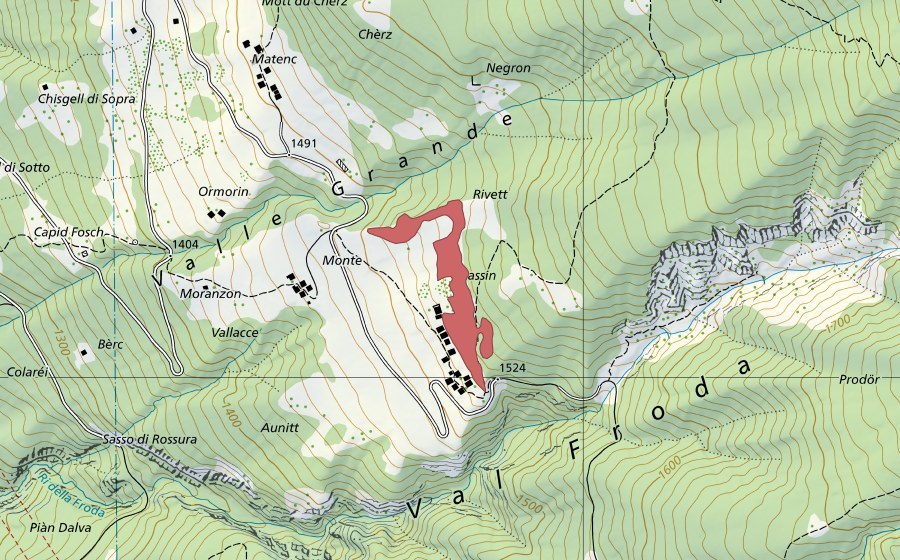 swisstopo national map showing the protected perimeter of Cassin (Dry meadow)
