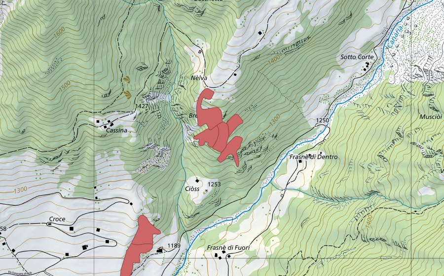 swisstopo national map showing the protected perimeter of Cassina (Dry meadow)