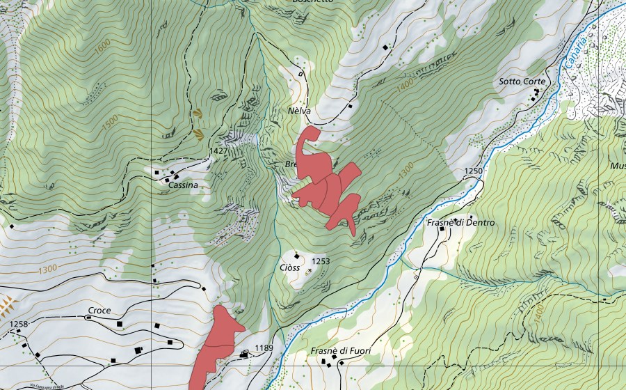 swisstopo national map showing the protected perimeter of Cassina (Dry meadow)