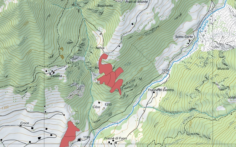 Landeskarte swisstopo mit dem Schutzperimeter von Cassina (Trockenwiese)