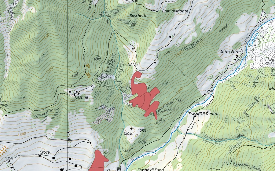 Landeskarte swisstopo mit dem Schutzperimeter von Cassina (Trockenwiese)