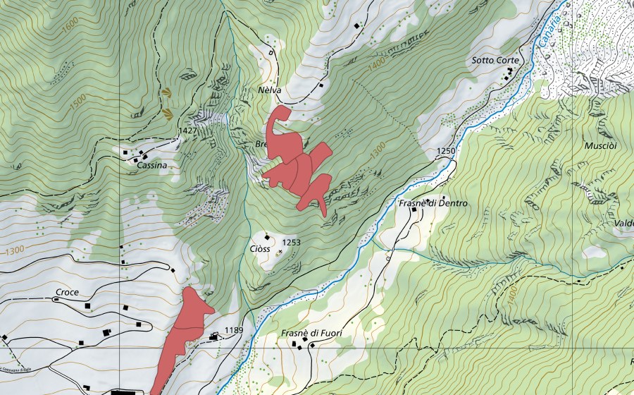 Carte nationale swisstopo avec le périmètre protégé de Cassina (Prairie sèche)
