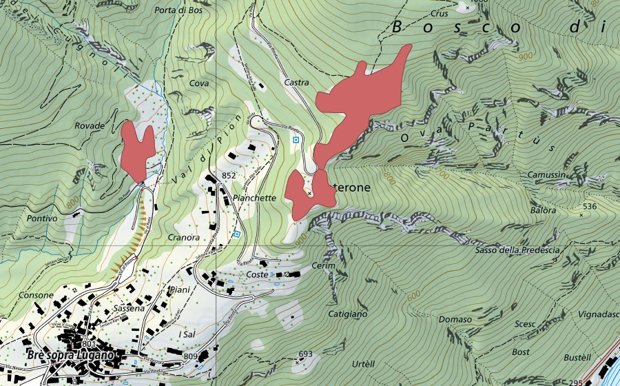 Carte nationale swisstopo avec le périmètre protégé de Castra (Prairie sèche)