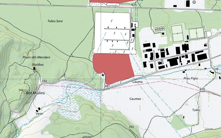 Landeskarte swisstopo mit dem Schutzperimeter von Caumas (Trockenwiese)