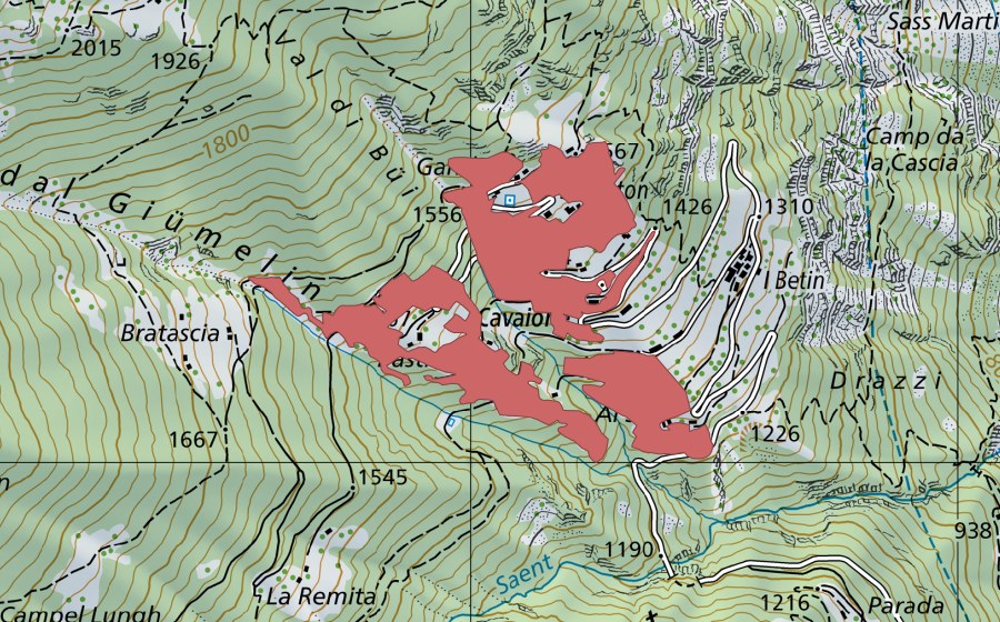 Carte nationale swisstopo avec le périmètre protégé de Cavaione (Prairie sèche)